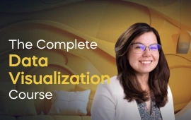 The The Complete Data Visualization Course with Python, R, Tableau, and Excel course creator stands in a modern office setting with the text 'The Complete Data Visualization Course with Python, R, Tableau, and Excel' on the left side of the image.