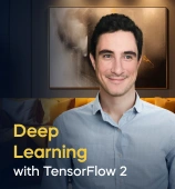 The Deep Learning with TensorFlow 2 course creator stands in a modern office setting with the text 'Deep Learning with TensorFlow 2' on the left side of the image.