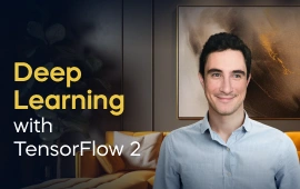 The Deep Learning with TensorFlow 2 course creator stands in a modern office setting with the text 'Deep Learning with TensorFlow 2' on the left side of the image.