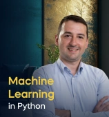 The Machine Learning in Python course creator stands in a modern office setting with the text 'Machine Learning in Python' on the left side of the image.