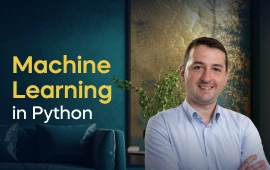 The Machine Learning in Python course creator stands in a modern office setting with the text 'Machine Learning in Python' on the left side of the image.