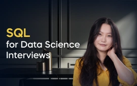 The SQL for Data Science Interviews course creator stands in a modern office setting with the text 'SQL for Data Science Interviews' on the left side of the image.