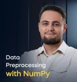 The Data Preprocessing with NumPy course creator stands in a modern office setting with the text 'Data Preprocessing with NumPy' on the left side of the image.