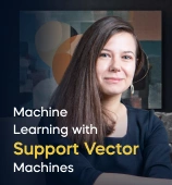 The Machine Learning with Support Vector Machines course creator stands in a modern office setting with the text 'Machine Learning with Support Vector Machines' on the left side of the image.