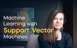 The Machine Learning with Support Vector Machines course creator stands in a modern office setting with the text 'Machine Learning with Support Vector Machines' on the left side of the image.