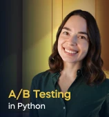 The A/B Testing in Python course creator stands in a modern office setting with the text 'A/B Testing in Python' on the left side of the image.