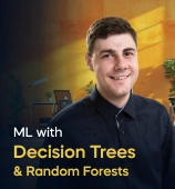 The Machine Learning with Decision Trees and Random Forests course creator stands in a modern office setting with the text 'Machine Learning with Decision Trees and Random Forests' on the left side of the image.