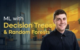 The Machine Learning with Decision Trees and Random Forests course creator stands in a modern office setting with the text 'Machine Learning with Decision Trees and Random Forests' on the left side of the image.
