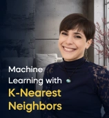 The Machine Learning with K-Nearest Neighbors course creator stands in a modern office setting with the text 'Machine Learning with K-Nearest Neighbors' on the left side of the image.