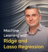 The Machine Learning with Ridge and Lasso Regression course creator stands in a modern office setting with the text 'Machine Learning with Ridge and Lasso Regression' on the left side of the image.