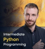 The Intermediate Python Programming course creator stands in a modern office setting with the text 'Intermediate Python Programming' on the left side of the image.