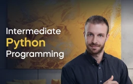 The Intermediate Python Programming course creator stands in a modern office setting with the text 'Intermediate Python Programming' on the left side of the image.