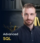 The Advanced SQL course creator stands in a modern office setting with the text 'Advanced SQL' on the left side of the image.