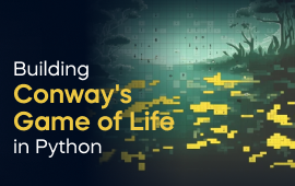 A woman with a laptop, with the text 'Building Conway's Game of Life in Python Project' on the left side of the image