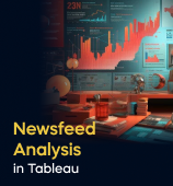 A woman with a laptop, with the text 'Newsfeed Analysis in Tableau Project' on the left side of the image