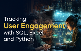 A woman with a laptop, with the text 'Tracking User Engagement with SQL, Excel, and Python Project' on the left side of the image