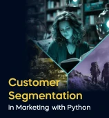 A woman with a laptop, with the text 'Customer Segmentation in Marketing with Python Project' on the left side of the image