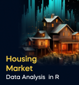A woman with a laptop, with the text 'Housing Market Data Analysis in R Project' on the left side of the image