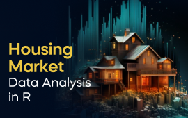 A woman with a laptop, with the text 'Housing Market Data Analysis in R Project' on the left side of the image