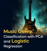 A woman with a laptop, with the text 'Music Genre Classification Project with PCA and Logistic Regression' on the left side of the image