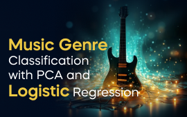 A woman with a laptop, with the text 'Music Genre Classification Project with PCA and Logistic Regression' on the left side of the image