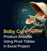 A woman with a laptop, with the text 'Baby Care Product Analysis Using Pivot Tables in Excel Project' on the left side of the image