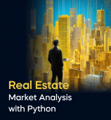 A woman with a laptop, with the text 'Real Estate Market Analysis with Python Project' on the left side of the image