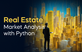 A woman with a laptop, with the text 'Real Estate Market Analysis with Python Project' on the left side of the image