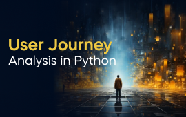 A woman with a laptop, with the text 'User Journey Analysis in Python Project' on the left side of the image