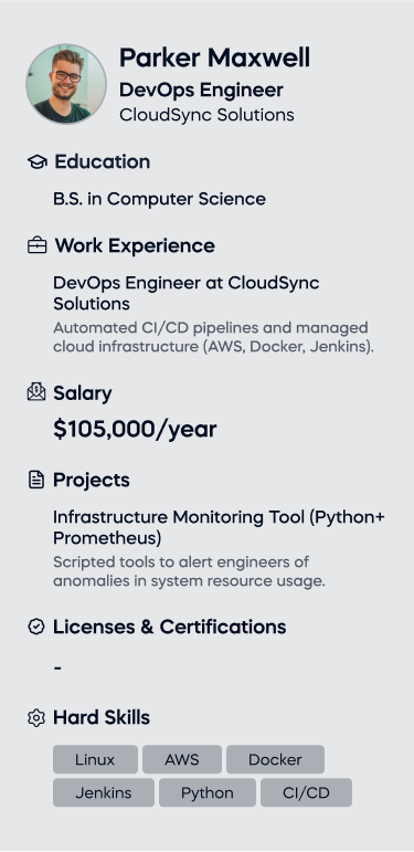 An AI Engineer resume featuring a professional photo of an individual at the top, highlighting their qualifications and experience.