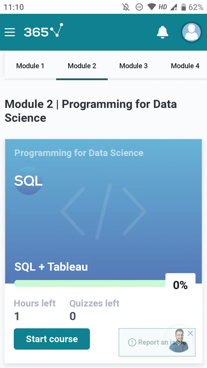 As soon as I can click on modules 2, the 1st course displaying for me is SQL + Tableau