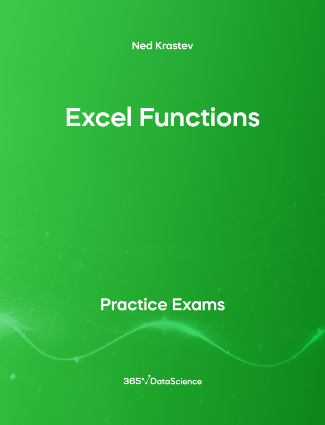 Green cover of Excel Functions. This practice exam is from 365 Data Science. 