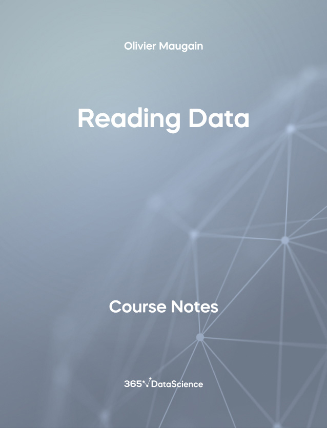 Grey Cover of Reading Data. The course notes resource is from 365 Data Science.