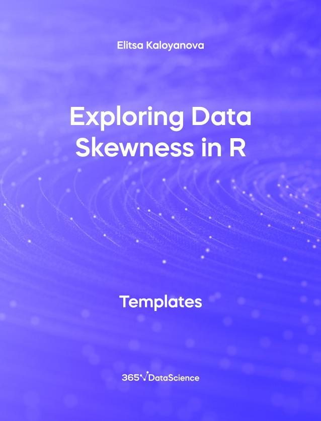 Purple blue color of Exploring Data Skewness in R Cover. This template resource is from 365 Data Science. 