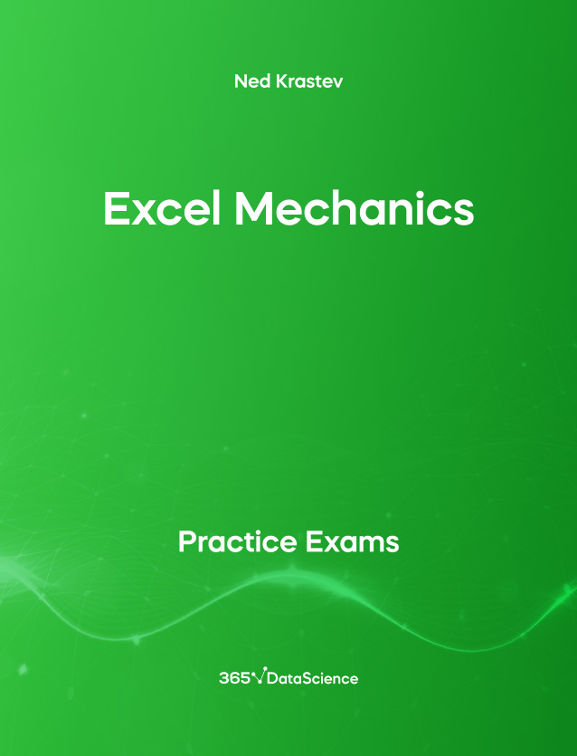 Green cover of Excel Mechanics. This practice exam is from 365 Data Science. 