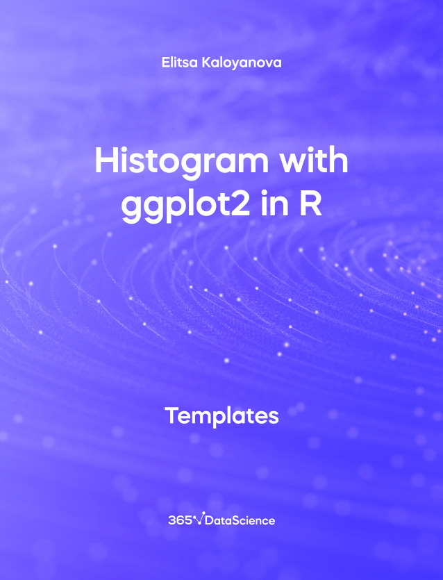 Purple Blue Cover of Histogram with ggplot2 in R. This template resource is from 365 Data Science.
