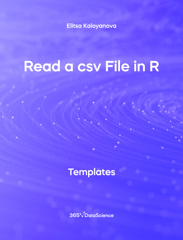 Purple Cover of Read a csv File in R. This template resource is from 365 Data Science.