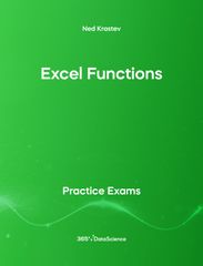 Green cover of Excel Functions. This practice exam is from 365 Data Science. 