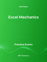 Green cover of Excel Mechanics. This practice exam is from 365 Data Science. 