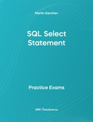 Ocean blue cover of SQL SELECT Statement. This practice exam is from 365 Data Science. 