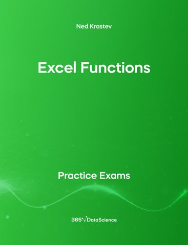 Green cover of Excel Functions. This practice exam is from 365 Data Science. 
