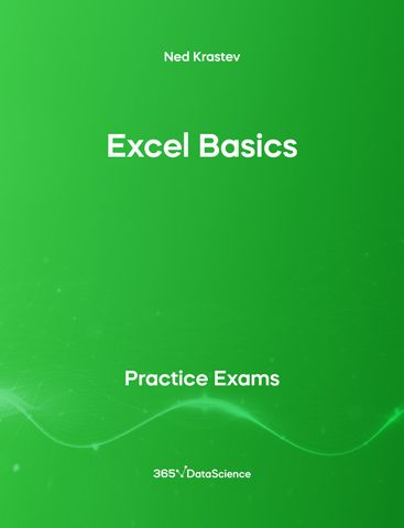 Green Cover of Excel Basics. This practice exam is from 365 Data Science. 