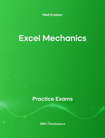 Green cover of Excel Mechanics. This practice exam is from 365 Data Science. 