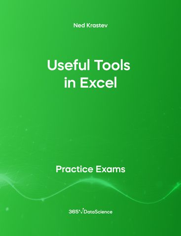 Green Cover of Useful Tools in Excel. This practice exam is from 365 Data Science.