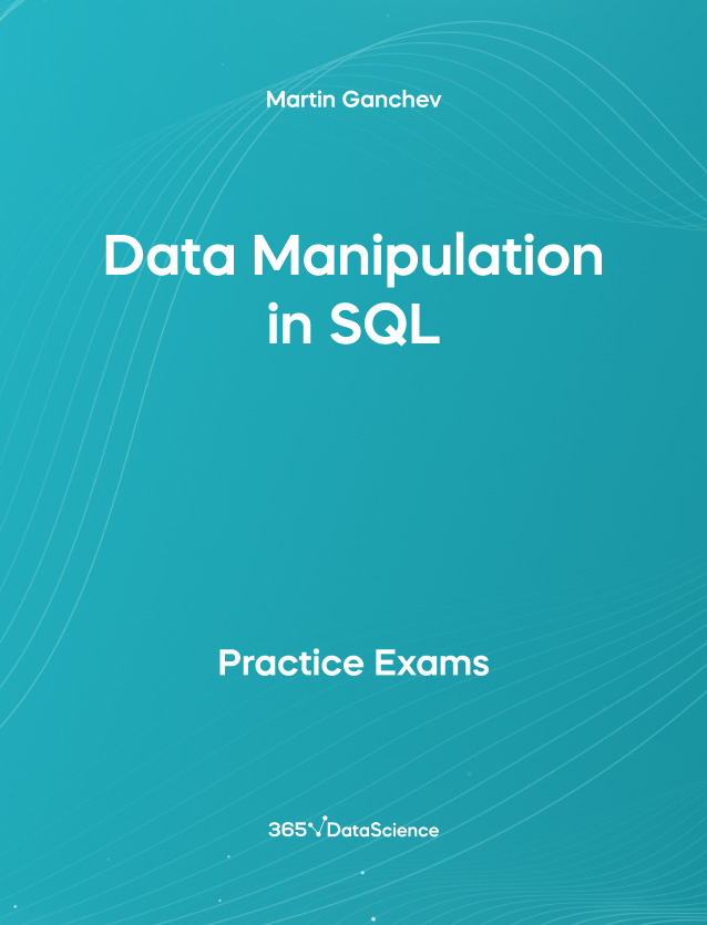 Ocean blue cover of Data Manipulation in SQL. This template resources is from 365 Data Science. 