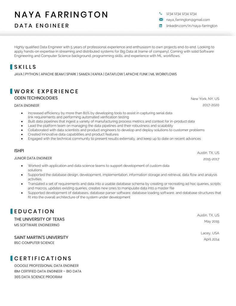 Data Engineer Resume Sample and Template 365 Data Science